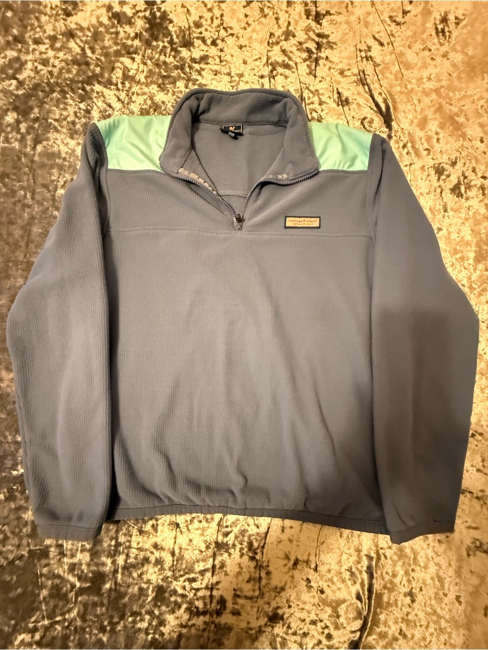 Vineyard Vines Slate Blue Quarter-Zip with Mint Shoulder Panels